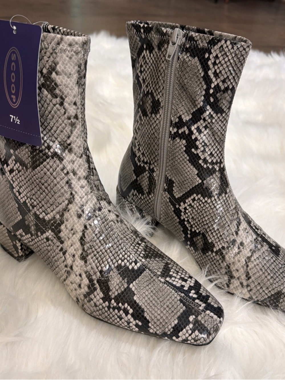 SCOOP Snake Print Ankle Booties in Gray